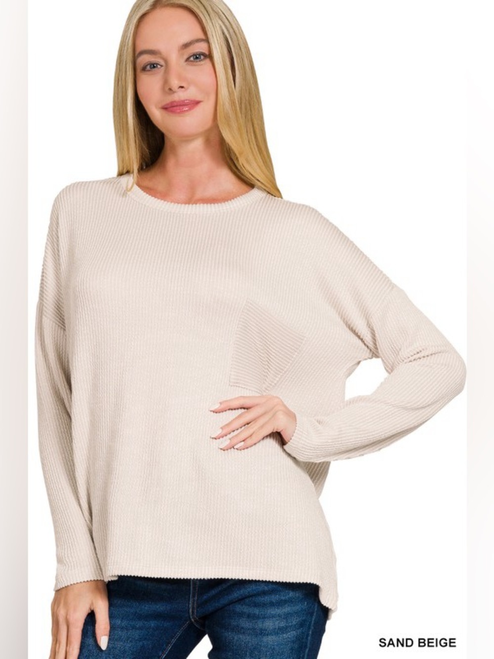 NWT Zenana Sand Beige Ribbed Long Sleeve Stretchy Comfy Top